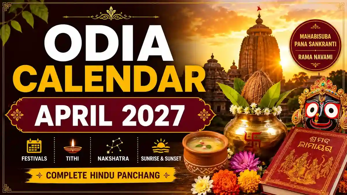 Odia Calendar 2027 April featured image with Jagannath Temple, Mahabisuba Pana Sankranti, Rama Navami, Hindu Panchang, festivals, Tithi, Nakshatra, sunrise and sunset timings.