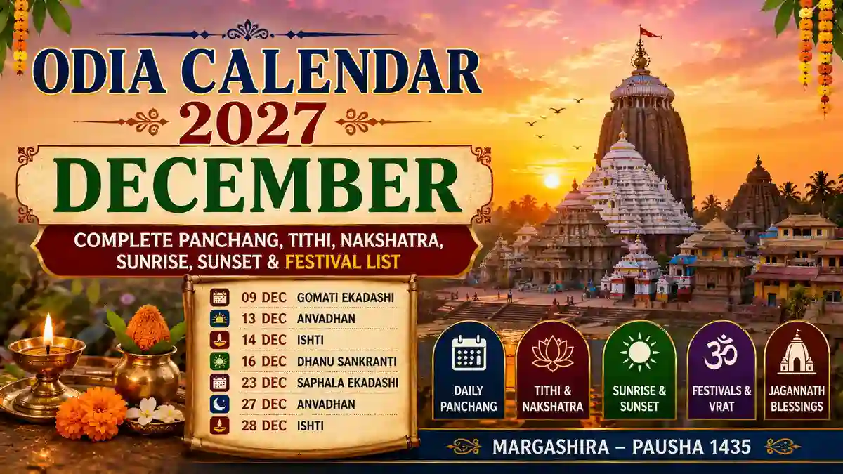 Odia Calendar 2027 December showing festivals, Ekadashi, Amavasya, Purnima, sunrise and sunset timings in Odisha.