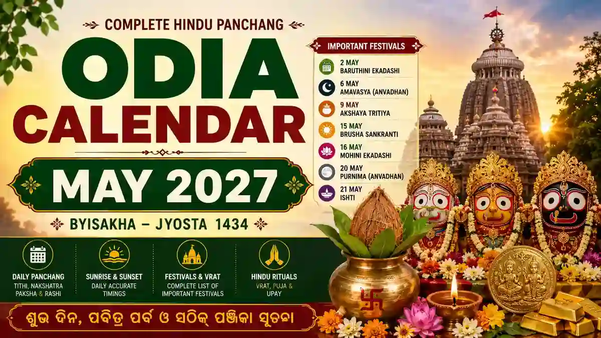 Odia Calendar 2027 May featuring Akshaya Tritiya, Mohini Ekadashi, Brusha Sankranti, daily Tithi, Nakshatra, sunrise, sunset, and Hindu festival dates.