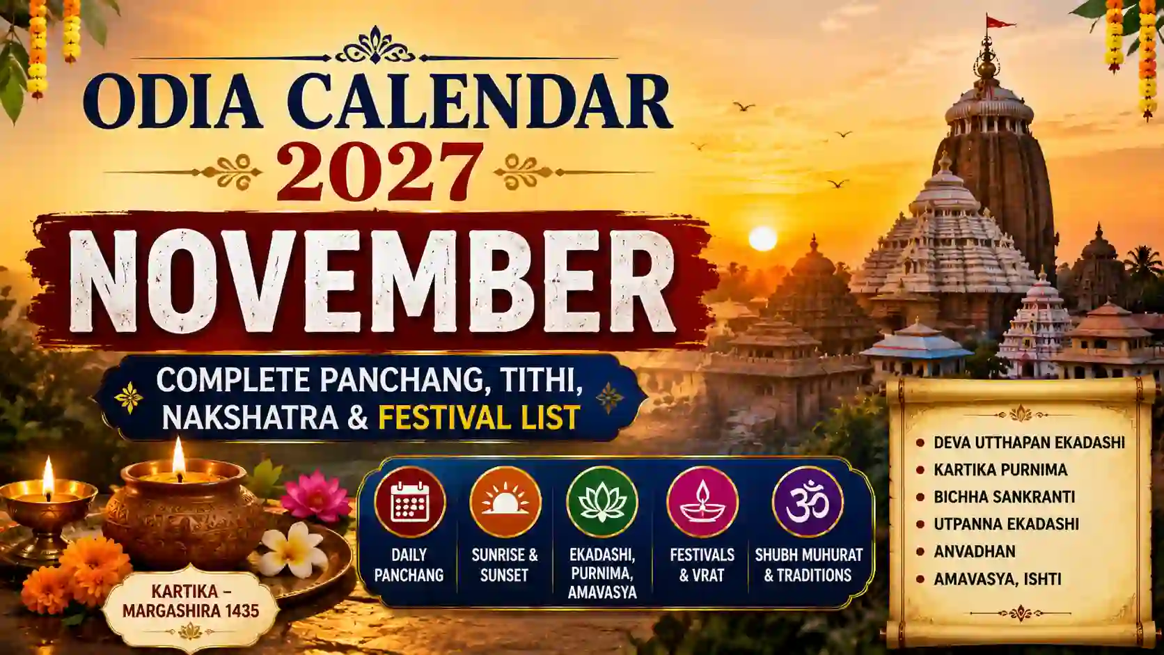 Odia Calendar 2027 November featured image with Jagannath Temple, Panchang, Tithi, Nakshatra and November festival information.